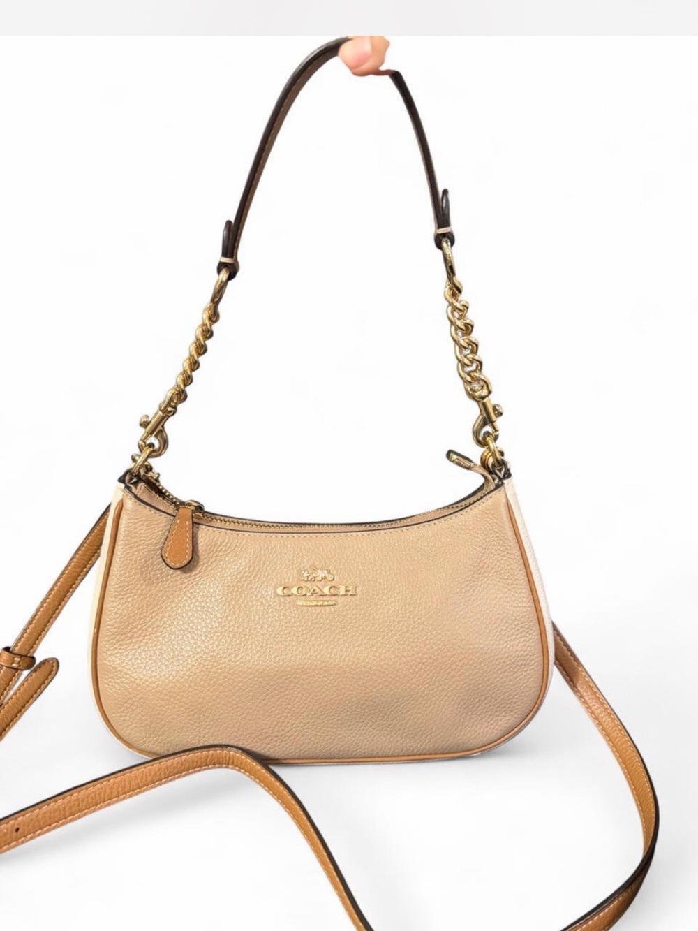 Coach Teri Colorblock Shoulder Bag Taupe Ivory Pebbled Leather CA173